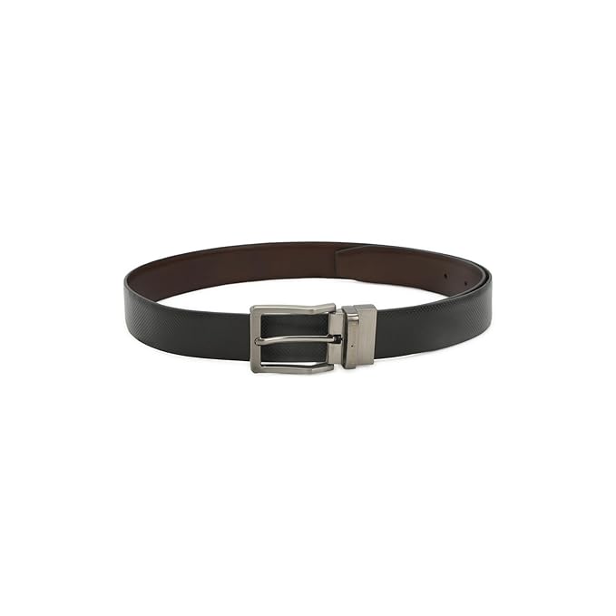 Premium textured Italian leather reversible belt for men by Louis Philippe, featuring a brushed gunmetal buckle – perfect for elevating your formal wear.